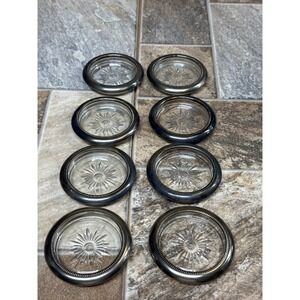 Leonard Silverplate Italy Starburst Cut Glass Coasters Beaded Rim Set of 8 4in